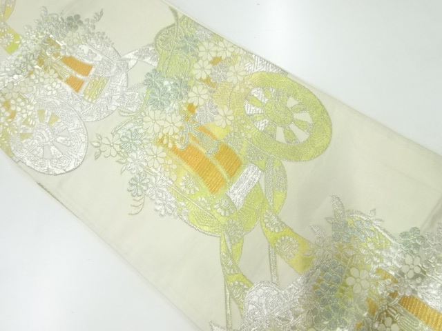 JAPANESE KIMONO / ANTIQUE FUKURO OBI / SILK / WOVEN CARRIAGE & FLOWERS
